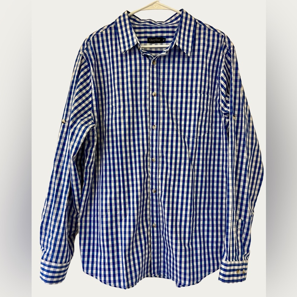 GloryStar Men's Blue Checkered Lone Sleeve‎  Dress Shirt Size XL